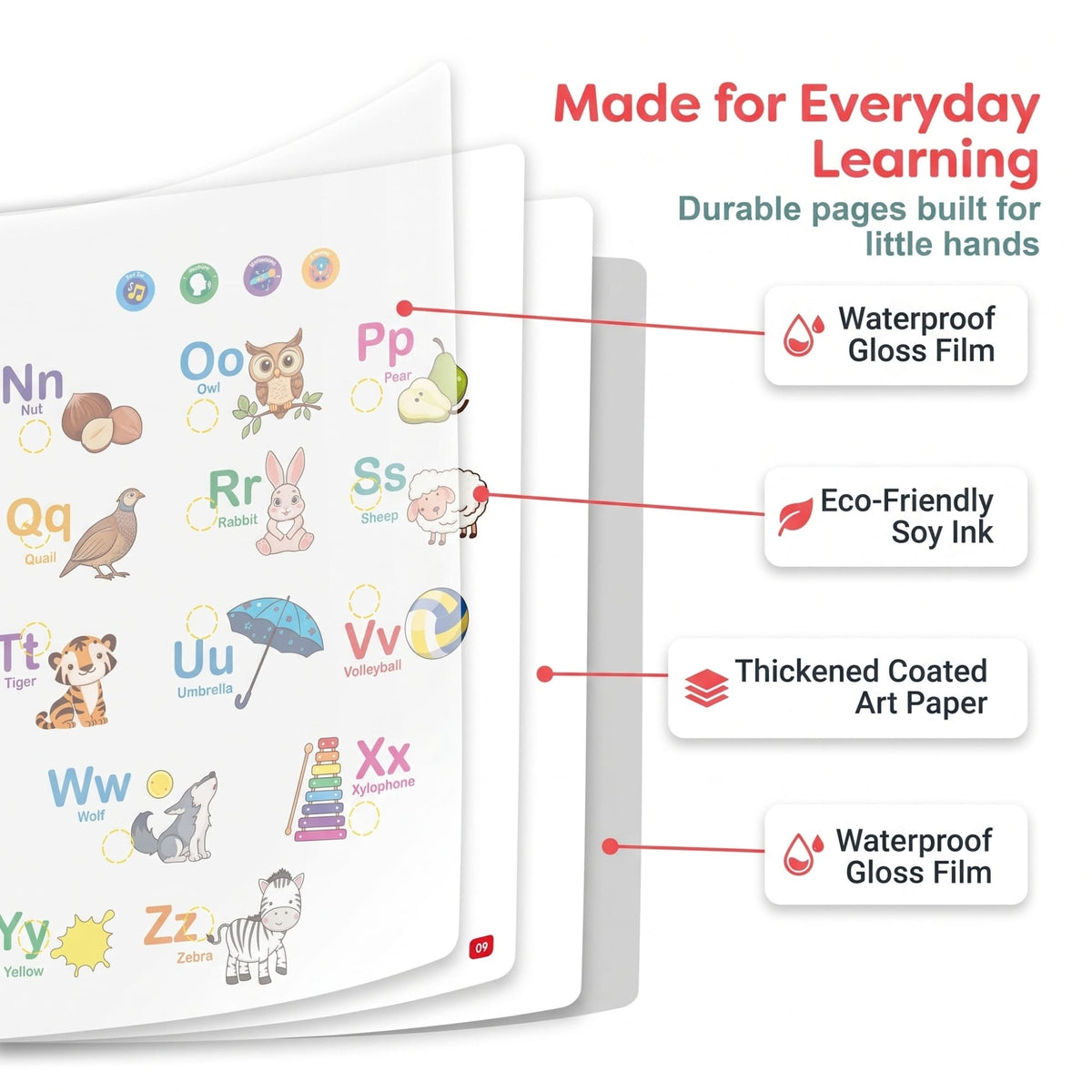Durable waterproof pages for everyday learning